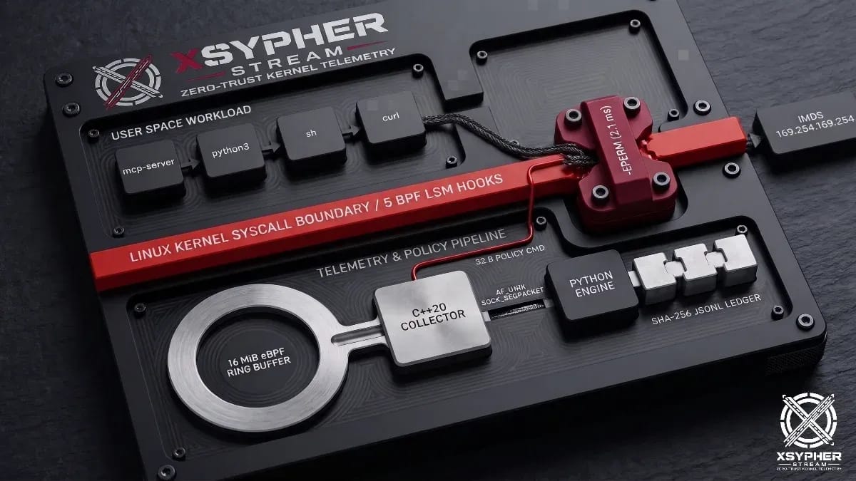 3D hardware architecture diagram of xSypher-Stream Zero-Trust Kernel Telemetry showing a user-space mcp-server, python3, sh, and curl process chain physically blocked by a crimson Linux kernel BPF LSM -EPERM gate before reaching IMDS 169.254.169.254, connected to a 16 MiB eBPF ring buffer, C++20 collector, 32-byte policy command channel, Python engine, and SHA-256 JSONL audit ledger.