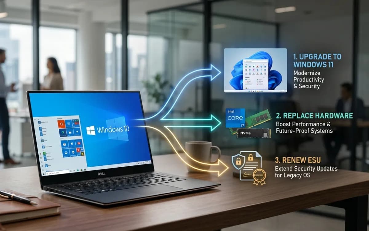 Diagram showing three branching paths from a Windows 10 PC: upgrade to Windows 11, replace hardware, or renew ESU.