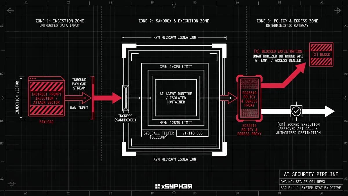 Technical blueprint of a three-zone AI agent security pipeline showing indirect prompt injection entering a KVM microVM sandbox with seccomp and virtio isolation, followed by an Ed25519 policy and egress proxy that blocks unauthorized API exfiltration and permits only scoped execution.
