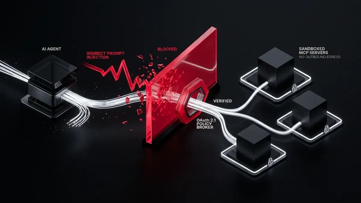 3D cybersecurity architecture visualization showing an AI agent routing white data streams through a red OAuth 2.1 policy broker firewall that blocks a red prompt injection attack before reaching three sandboxed MCP server nodes.