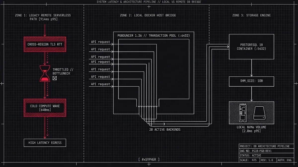 System latency and architecture pipeline schematic comparing Zone 1 legacy remote serverless path (914ms p95 with cross-region TLS RTT and 648ms cold compute wake bottleneck) against Zone 2 local Docker host bridge running PgBouncer 1.26 transaction pool (:6432) multiplexing API requests into 20 active backends, and Zone 3 PostgreSQL 18 container (:5432) with 1GB shared memory and local NVMe volume at 2.0ms p95.
